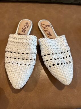 Sam Edelman Cream Woven Pointed-Toe Mule Flats